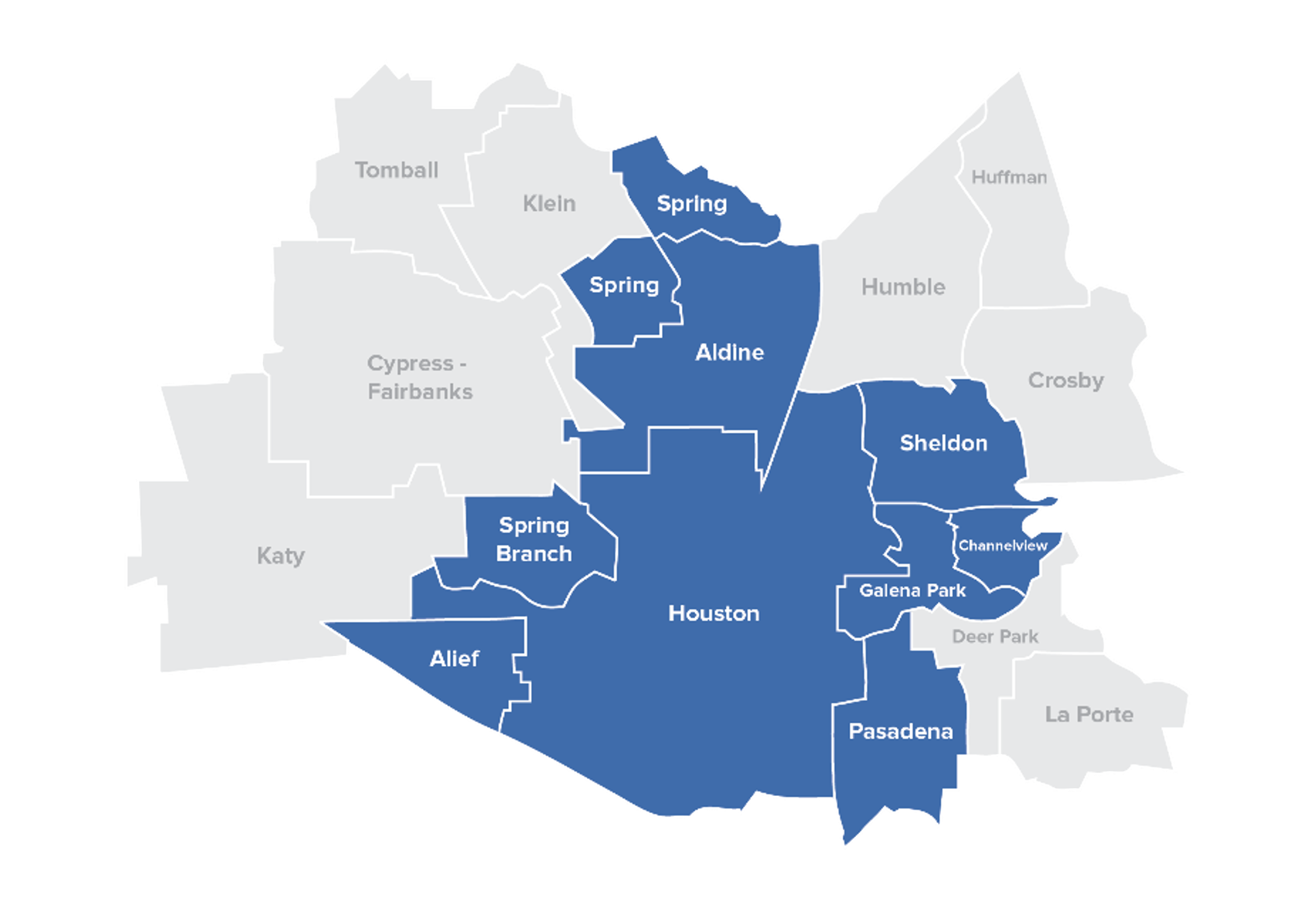 Geographic Area Map Geographic Area Map, Spring ISD, Spring Branch ISD, Aldine ISD, Alief ISD, Pasadena ISDm Sheldon ISD, Galena Park ISD, and Channelview ISD.